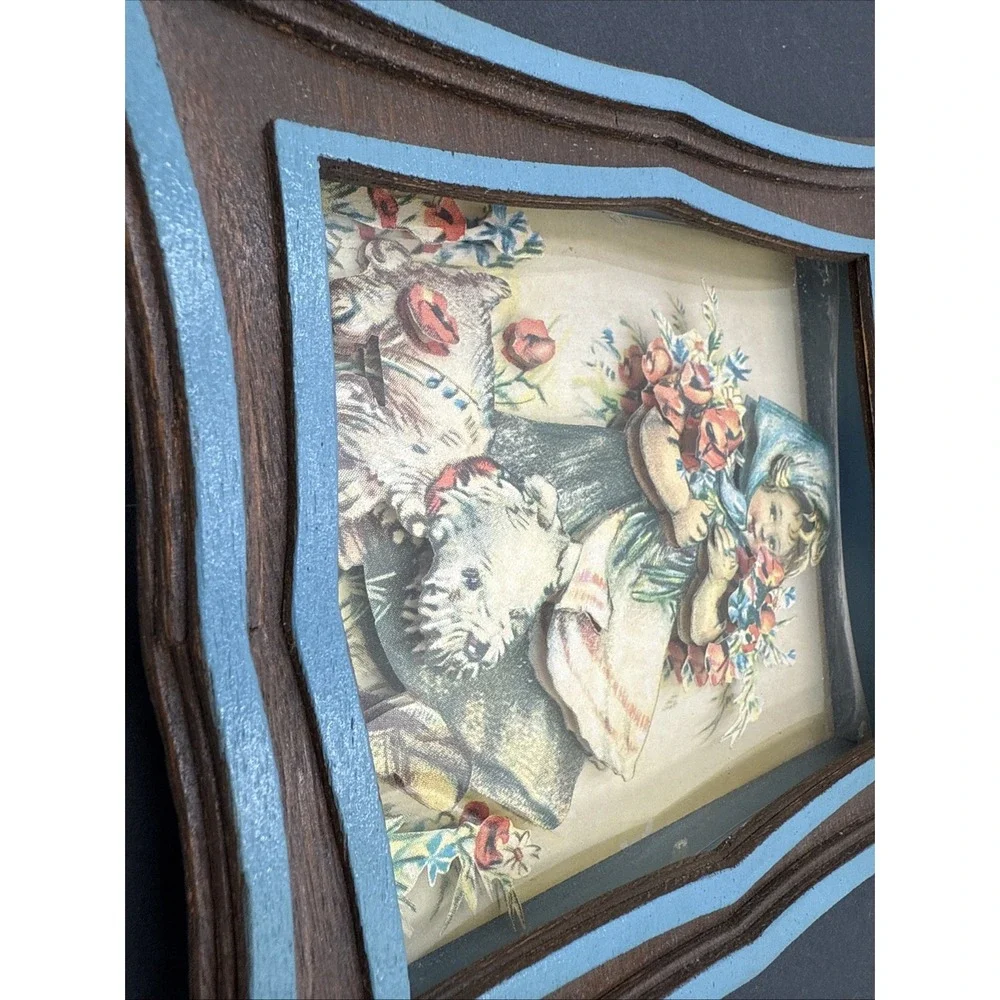 Vintage 3 Dimensional Handmade Wood Picture Art Cute Little Girl Flowers‎ Dog